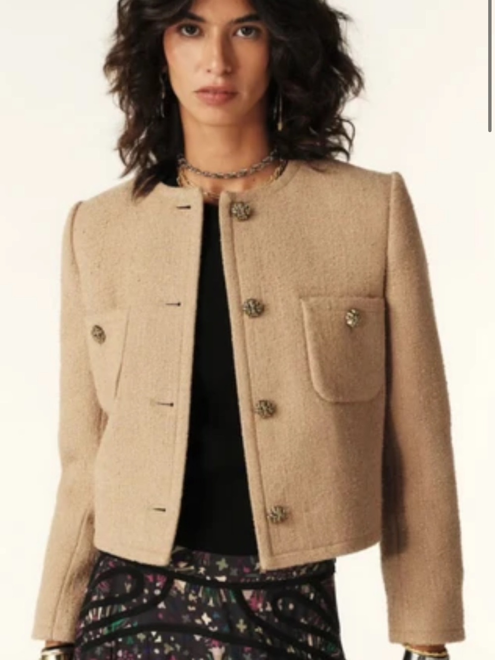 ba&sh Camel Taupe Cropped Tweed Meredith Jacket with Silver Buttons like new S